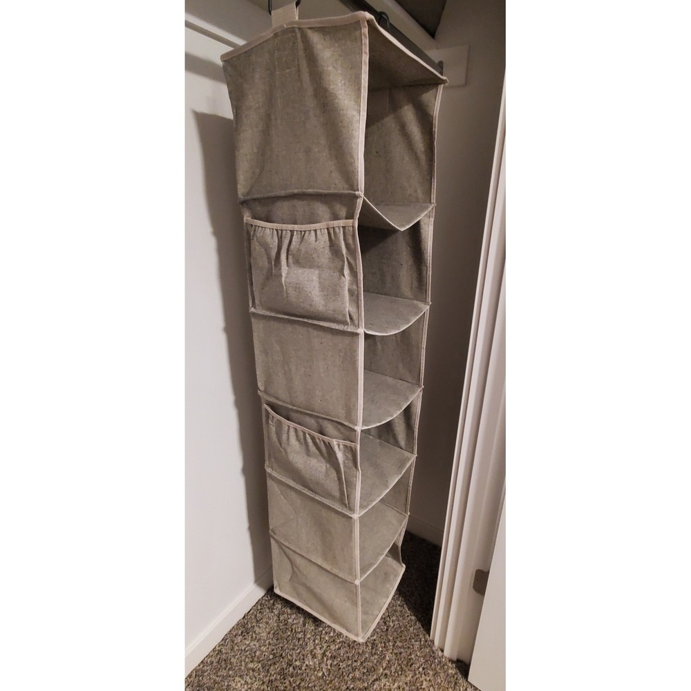 Grey 6-Shelf Hanging Closet Organizer with Side Pockets and Metal Hooks